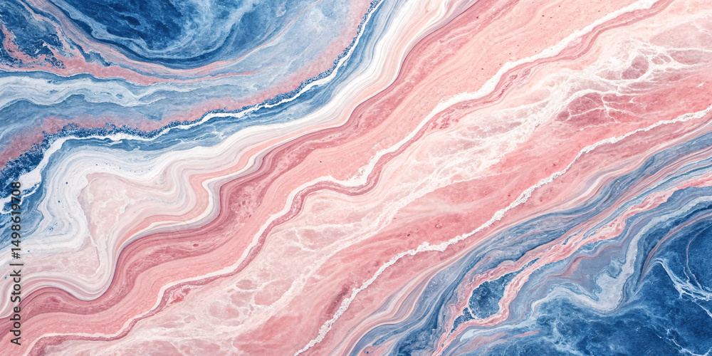 Fototapeta premium Blue and pink marble with dramatic wavy patterns, resembling ocean waves with white foam separating the colors