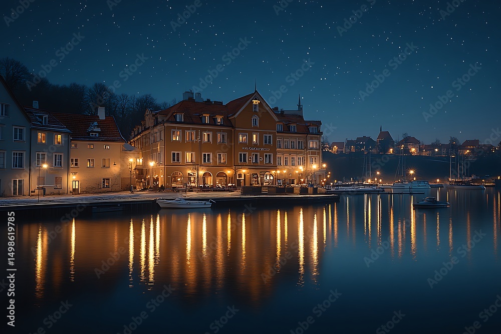 Naklejka premium Night in gdansk, poland, starry sky, waterfront buildings