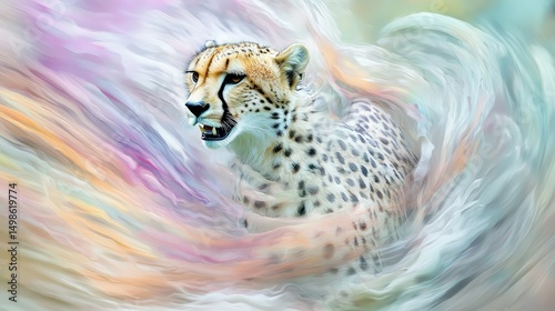 A cheetah in motion, captured with swirling pastel tones like peach, light purple, and seafoam green, forming a dynamic abstract design.