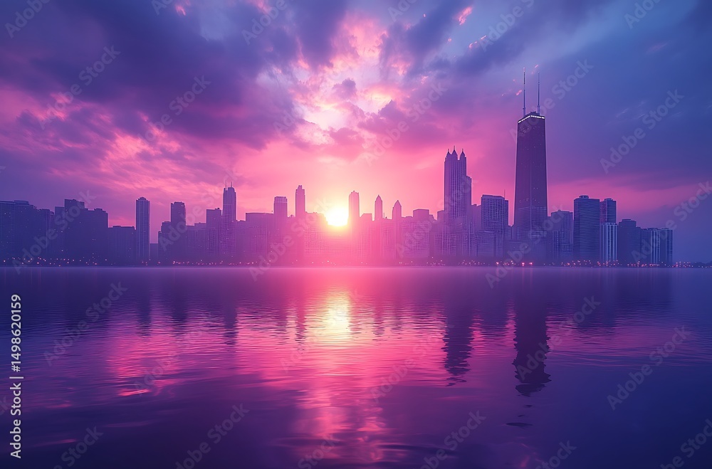 Fototapeta premium Vibrant city skyline sunrise reflection purple hues