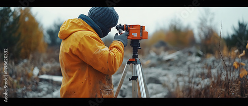 Surveyor Using Leveling Instrument in Outdoor Environment