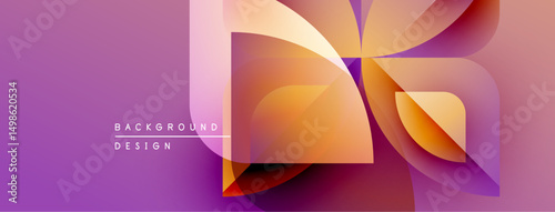 Abstract geometric shapes overlap, creating vibrant gradients. Purple background complements orange, yellow hues. Modern design element.