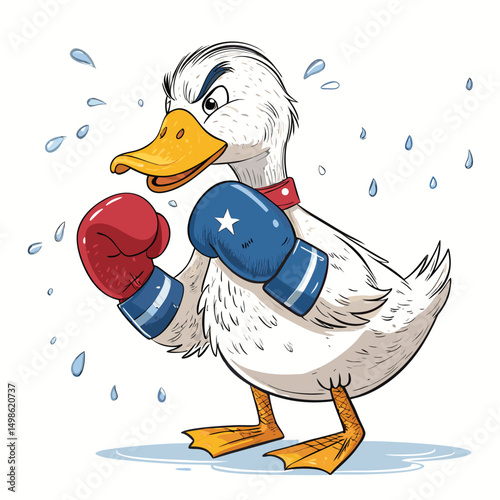 A cartoon duck boxer, wearing blue boxing gloves, sweat dripping from its beak,  powerful stance,  vibrant blue background.