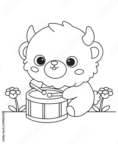 Coloring book cow happily playing drums with drumsticks