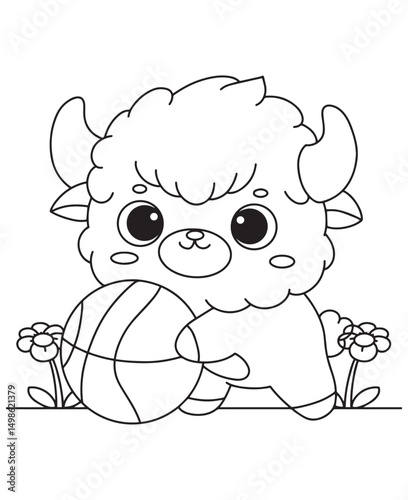 Coloring book cow happily playing with a basketball amidst cute flowers