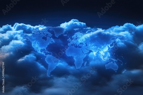 World map glowing within dark clouds