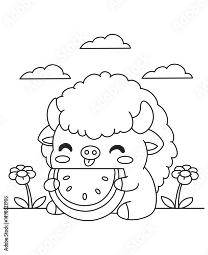 Coloring book cow happily munching on a juicy watermelon slice, with flowers and clouds