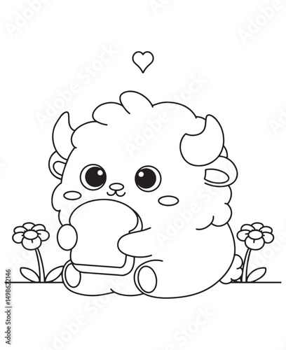 Coloring book cow happily eating a sandwich with a heart above, surrounded by flowers