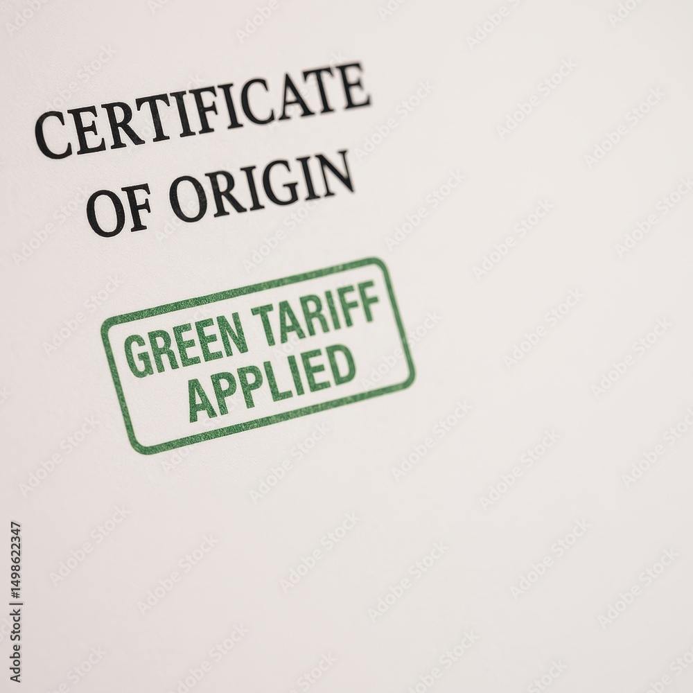 Fototapeta premium Certificate of Origin Document with Green Tariff Applied Stamp Showing Authenticity and Compliance