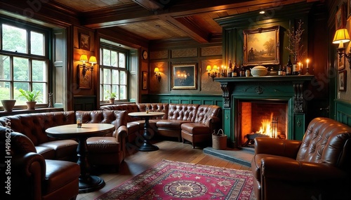 A cozy, traditional British pub interior  Dark wood furniture, warm lighting, and a crackling fireplace create a welcoming atmosphere, perfect for a pint and a chat ,  wood,  furniture, pub