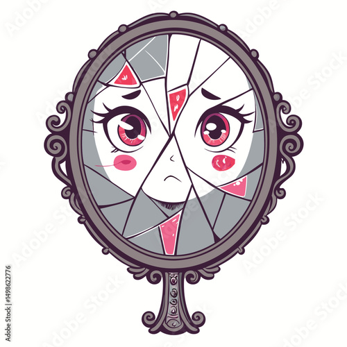 Render a shattered mirror with cute, kawaii eyes reflecting a terrifying, nightmarish scene.  High detail, sharp focus.