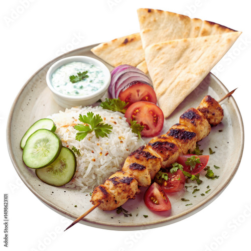 Delicious Greek Souvlaki Skewer Meal with Fresh Salad and Cucumber PNG