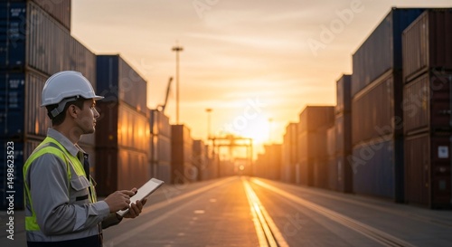 A cargo worker wearing safety gear standing in a shipping yard at sunset, carefully examining paperwork. The setting sun casts a warm glow over the scene with shipping containers in view