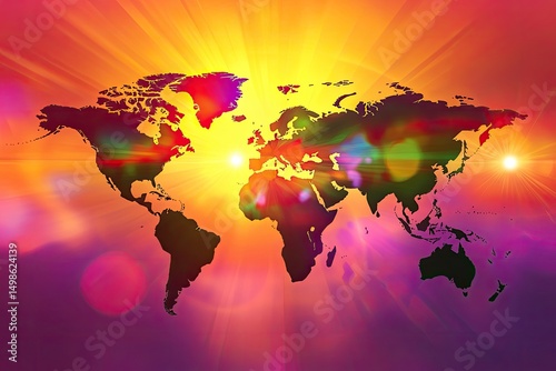 World map with vibrant light effects