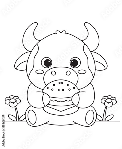 Coloring book cow happily enjoys a big burger, framed by charming flowers