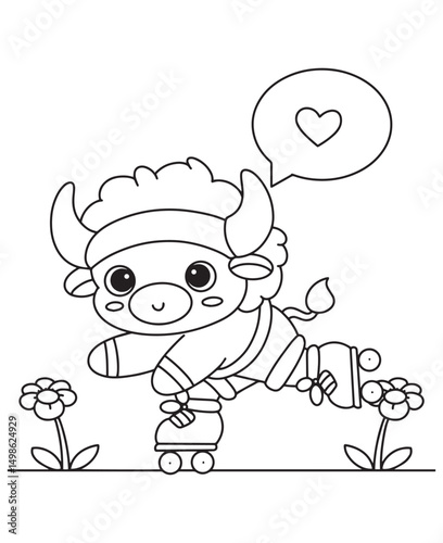 Coloring book bull roller skating with a heart bubble and flowers