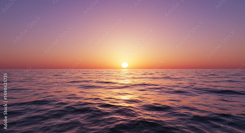 Obraz premium Ocean Waves Reflect Sun at Sunset with Colorful Sky and Calm Water Surface