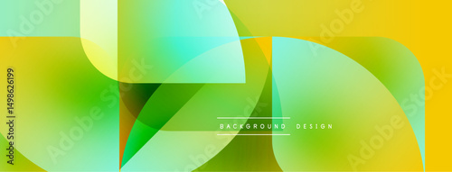 Abstract vibrant design. Overlapping translucent shapes create dynamic visual flow. Yellows, greens dominate composition. Modern aesthetic.