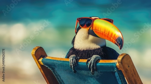 A chill toucan in sunglasses, perched on a beach chair while enjoying the ocean breeze.