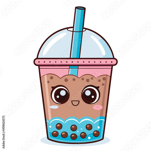 A whimsical illustration of a tapioca bubble tea cup, overflowing with brightly colored boba, containing a tiny, adorable creature struggling playfully yet comically.