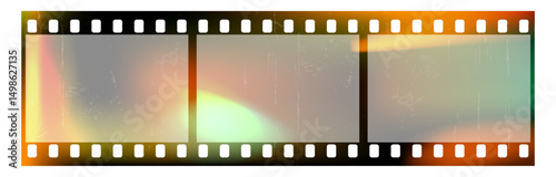 Photo film strip with light leak effect. 35 mm film frame format. Old analog overlay filter. Video tape border mockup with flare gradient, grunge texture