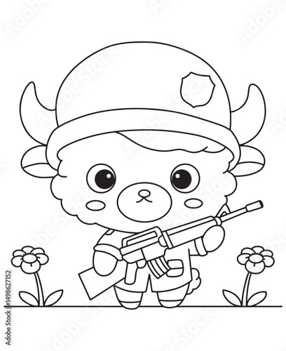 Coloring book bull animal soldier with helmet and rifle