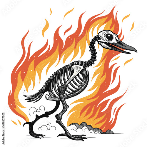 A fiery orange inferno engulfs a skeletal duck as it dramatically ascends from the flames, detailed and surreal.