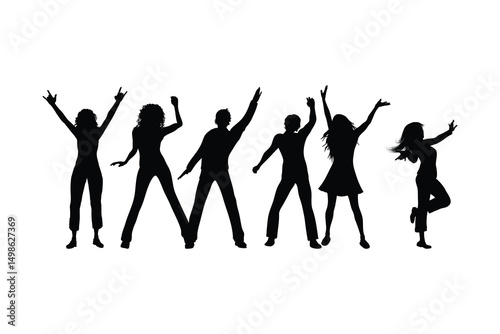Silhouette Vector Set of Men and Women Dancing in Various Poses with Raised Hands and Profiles Business Group Illustration in Black Isolated on White Background