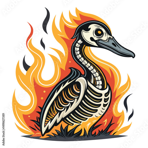 A fiery orange inferno erupts, from which a charred duck skeleton dramatically ascends, wings outstretched against a dark background.
