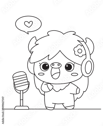 Coloring book Cute horned animal character with headphones singing into a microphone,