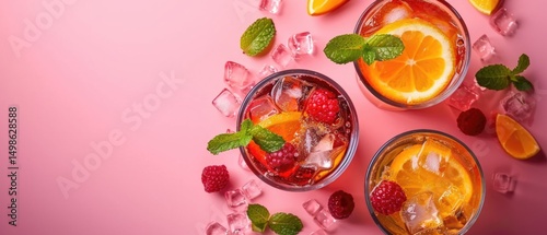 Colorful citrus drinks with ice and mint leaves on a vibrant pink and yellow background. Top view of cocktail decorated with fruit. Flat lay composition with copy space for beverage and summer. AIG55.
