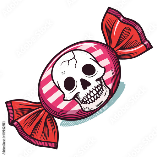 A vibrant, cheerful candy shell concealing a cracked skull; whimsical, dark humor.  Intricate detail on both candy and skull.