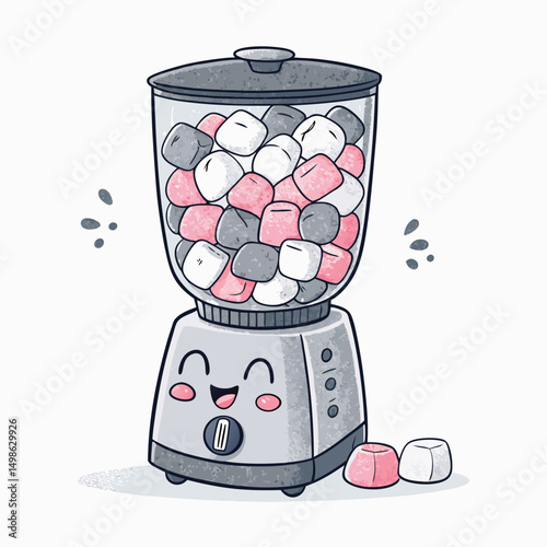 A cute chibi-style blender overflowing with tiny, screaming marshmallows; vibrant colors, playful expression.