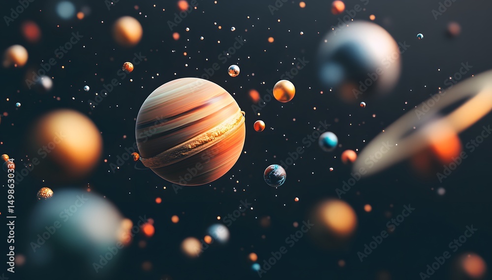 Naklejka premium Colorful planets and stars in a cosmic scene.