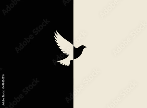 Minimalist bird vector in black and beige tones, symmetrically split with bold contrast. Ideal for logo, tattoo, or modern graphic design elements.  