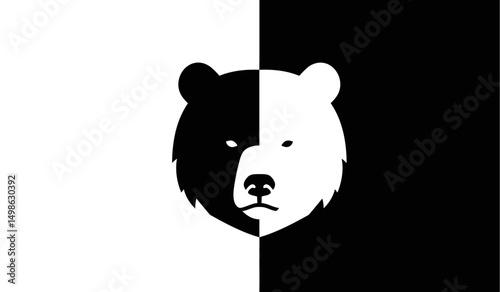 Minimalist black and white bear head vector, split symmetrically with bold contrast. Perfect for logos, tattoos, and graphic design elements.