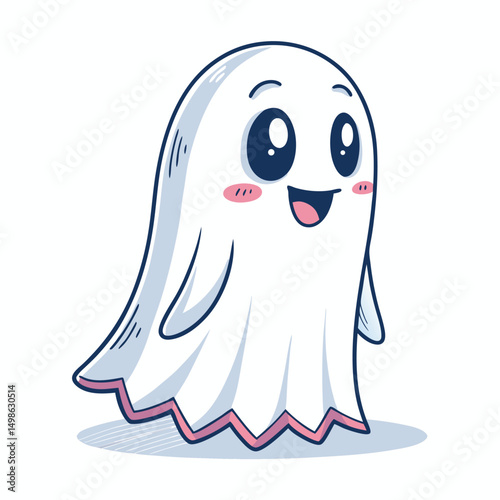 Create a chibi illustration of a friendly, smiling white ghost experiencing social anxiety.  Show visible, subtle signs of anxiety within the cute chibi style.