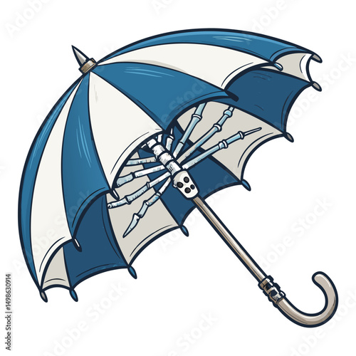 A cute chibi-style umbrella, its ribs replaced with stylized bone-like structures, rendered in vibrant color.  Include detailed shading and a whimsical expression.