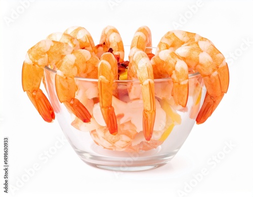 Shrimp (prawn) cocktail in glass bowl isolated on white background with clipping path for seafood or appetizer concept photo