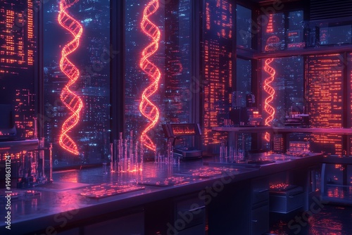 Futuristic lab, DNA strands, city night view, research