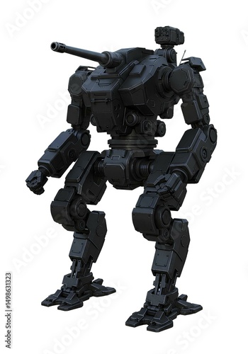 Powerful Battle Robot with Multiple Weapons Systems Isolated on White
