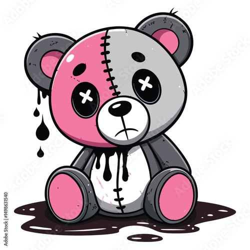 A cute, cracked kawaii teddy bear with stitched eyes and visible stuffing, showcasing a distressed yet endearing aesthetic.