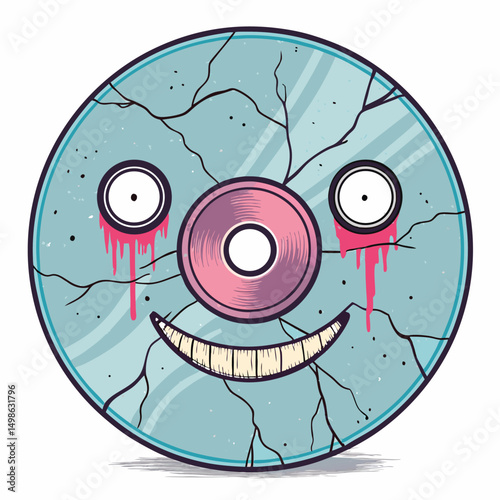 A shattered music CD, surrealistically depicted with bleeding eyes and a sinister smile, showcasing a darkly artistic aesthetic.