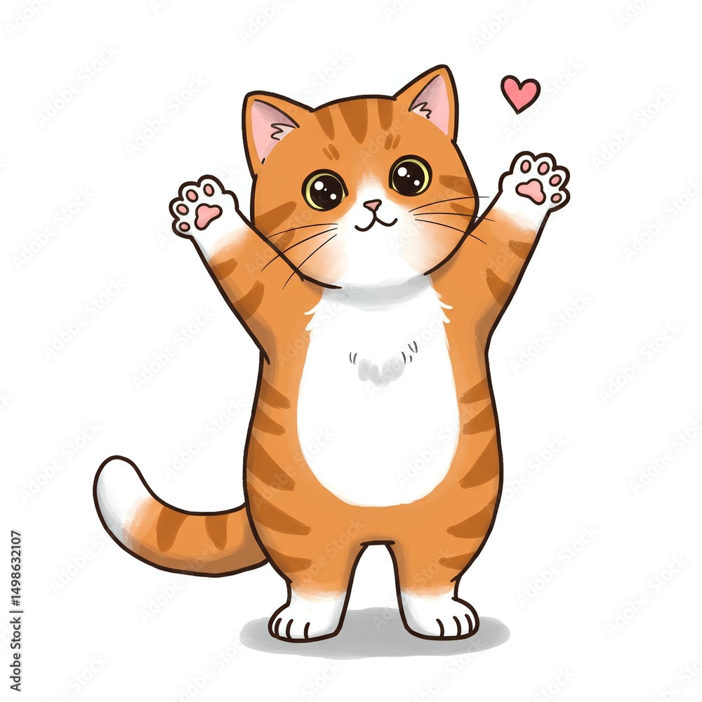 Obraz premium Kawaii Cartoon Cat Standing with Open Paws and Heart 