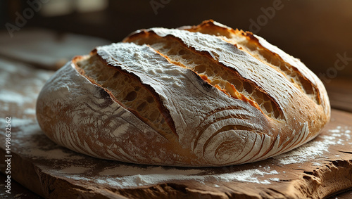 Loaf of fresh rye and white bread on wooden table with slices and bakery ingredients
