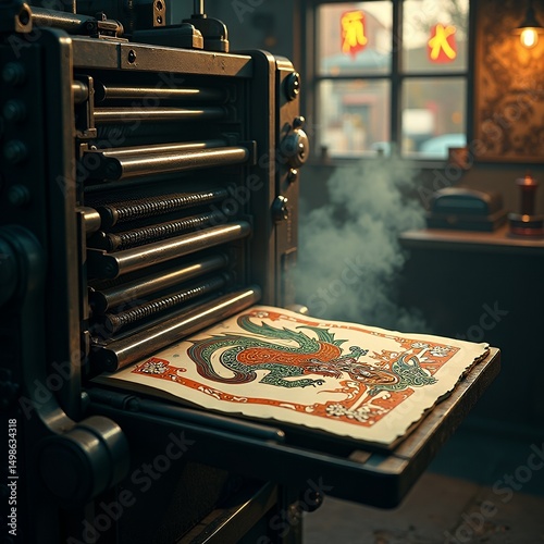 Dragon Print on Vintage Printing Press