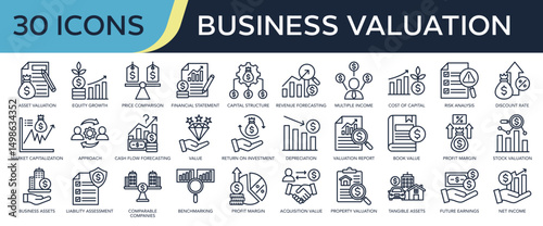 Collection of Business Valuation icons, related to asset Valuation, financial statement, risk analysis, market capitalization, profit margin and more. Outline icons vector illustation.