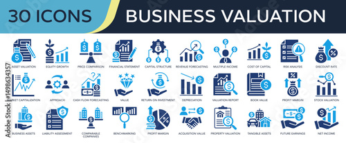 Collection of Business Valuation icons, related to asset Valuation, financial statement, risk analysis, market capitalization, profit margin and more. Color fill icons vector illustation.