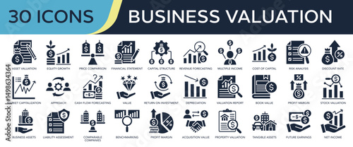Collection of Business Valuation icons, related to asset Valuation, financial statement, risk analysis, market capitalization, profit margin and more. Glyph icons vector illustation.