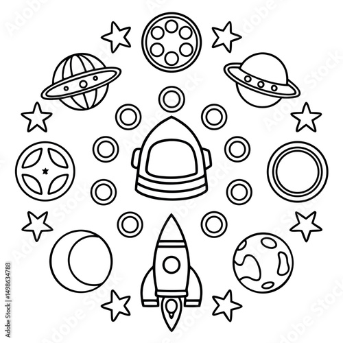Set of space icon vector illustration in outline style for for web, landing page, stickers, and background